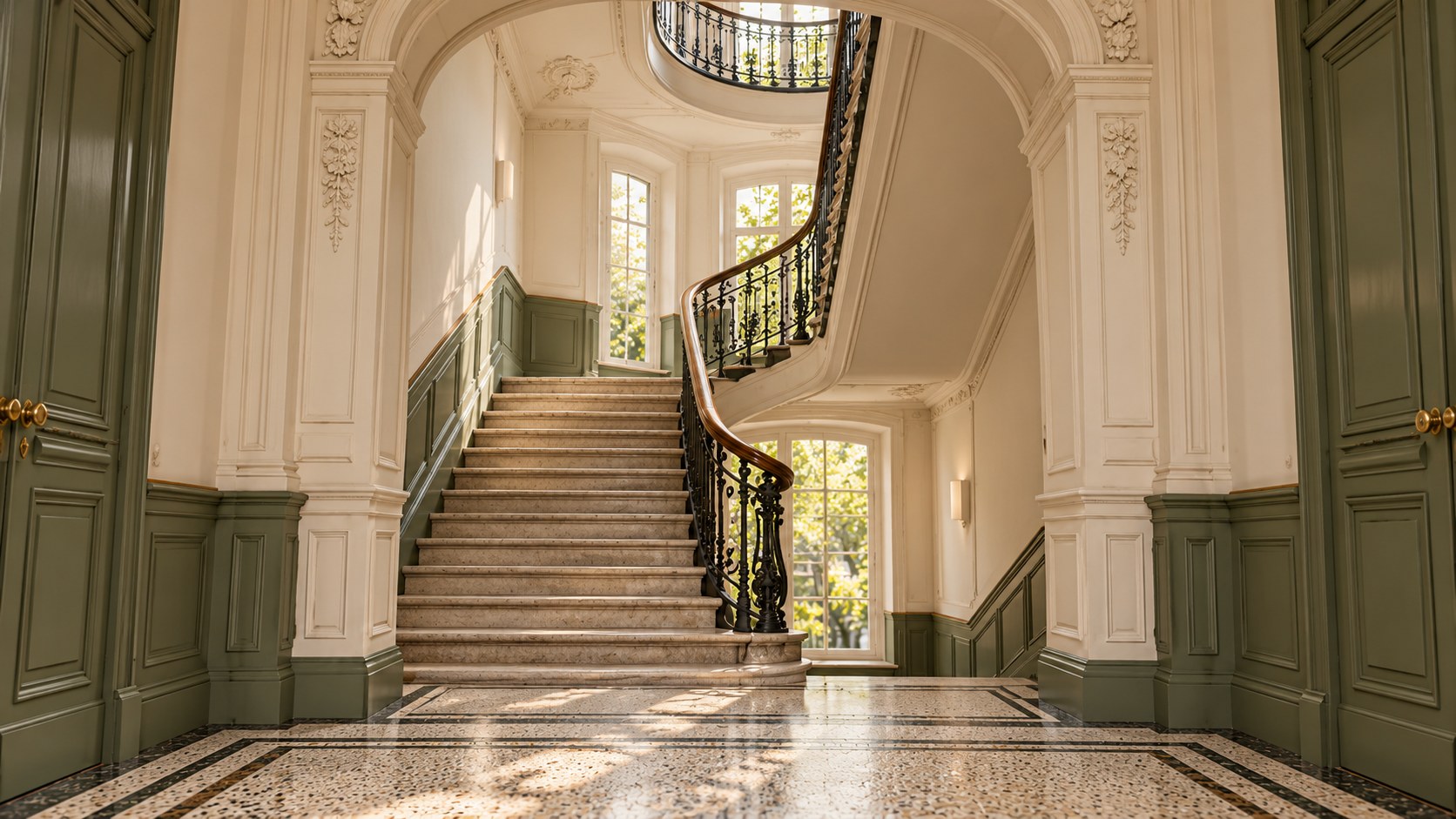KI-Visualisierung: Blick aus dem Eingangsbereich nach oben in ein elegantes Altbautreppenhaus.